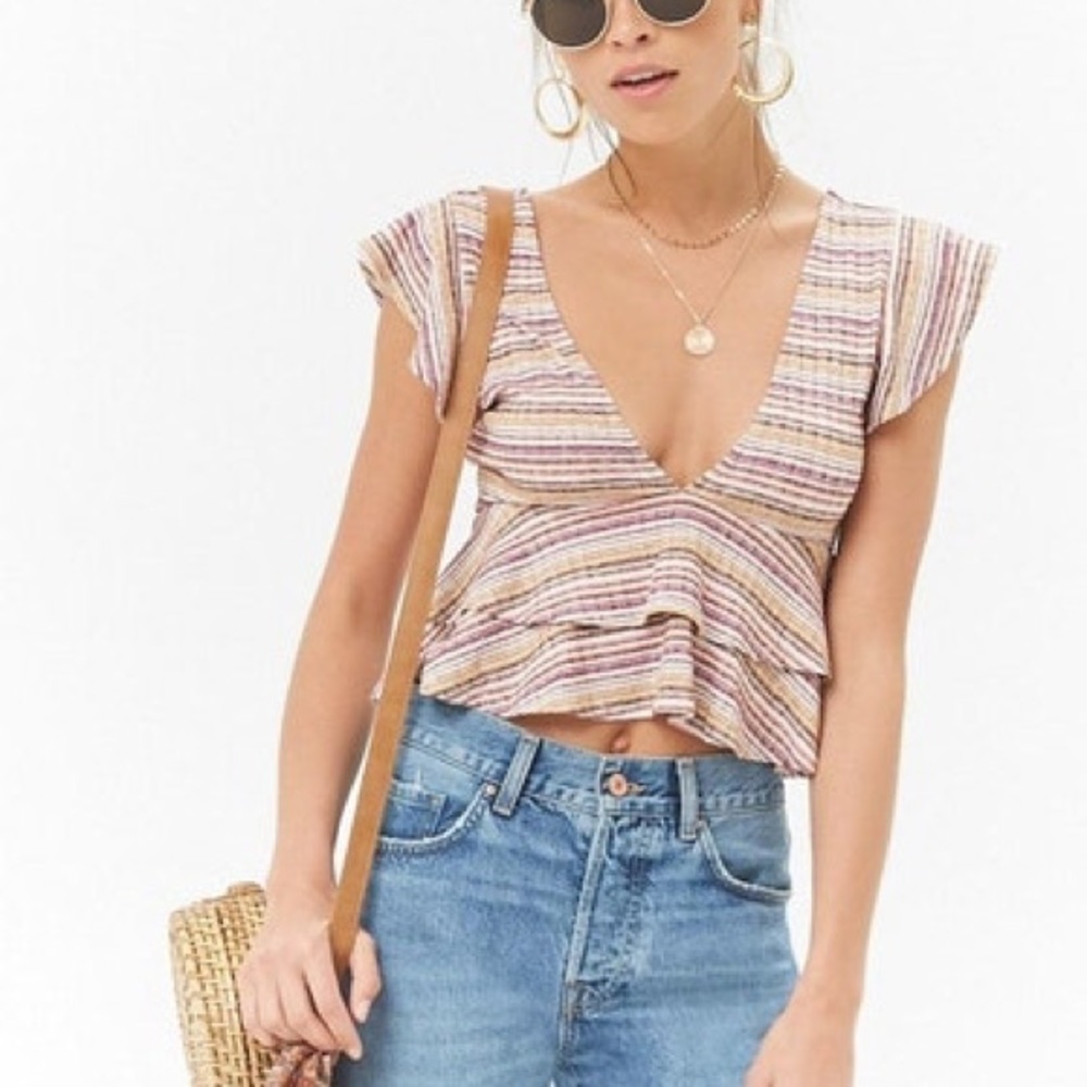Forever 21 Striped Ribbed Ruffled Sleeve Deep Double V Babydoll 70’s Vibe Top